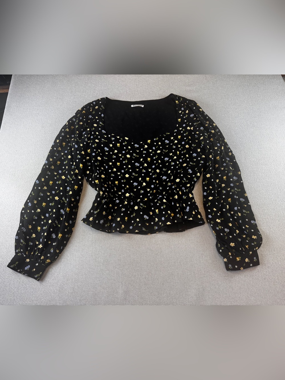 Reformation Black Ditsy Floral Sweetheart Peplum Blouse Size L